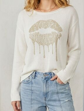 Wooden Ships White Lightweight Knit Sweater Gold Glitter Drip Lips Pullover M/L